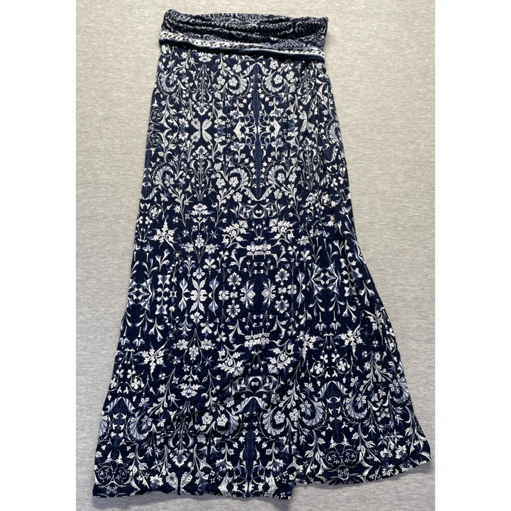Max Studio Maxi Foldover Skirt Womens S Navy Blue Floral Rayon Stretch Pull On